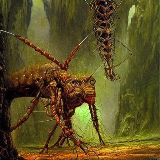 Image similar to antropromorphic stick insect, stick insect standing and talking like a human being, fantasy concept art, painting by Bob Eggleton