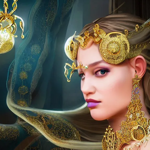 Image similar to portrait of princess of amethys, glowing, ornate and intricate anethyst jewelry, jaw dropping beauty, glowing background lighting, white accent lighting, hyper detailed, fairy tale, 4 k octane render