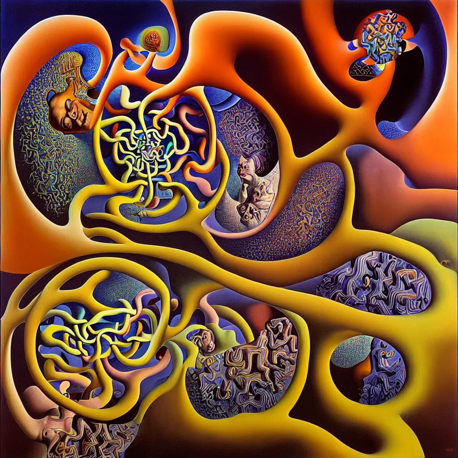 Image similar to strange loop of consciousness, recursion, fractals, surreal, by salvador dali and mc escher and alex grey, oil on canvas, weird, dreams, fantasy, intricate details, soft lighting, warm colors