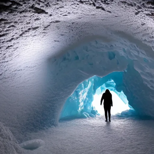 Image similar to ice cave. dramatic orange lighting. photo realistic. lone sihouette of a woman explorer.