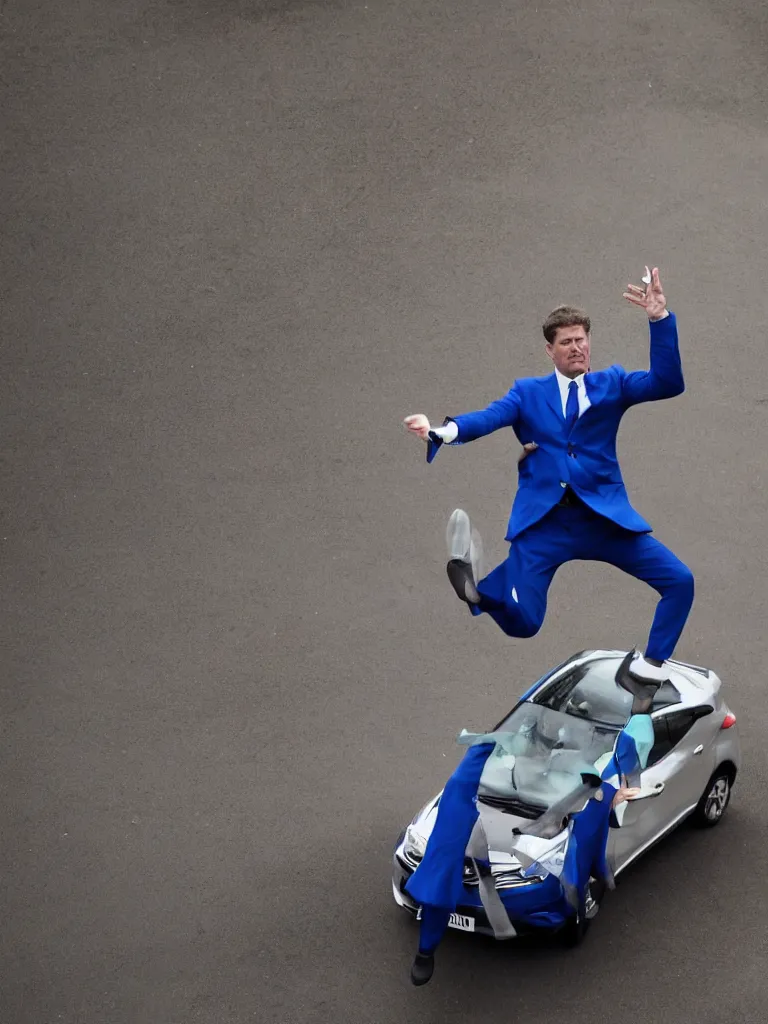 Image similar to Sir Kier Starmer wearing a blue suit jumping on top of a toyota yaris