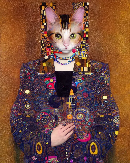 Image similar to jacket cat portrait an oil painting splashes with many colors and shapes by gustav klimt greg rutkowski and alphonse mucha, polycount, generative art, psychedelic, fractalism, glitch art