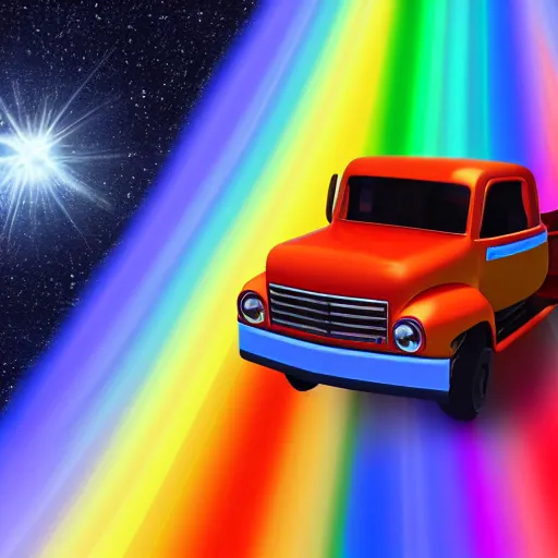 Prompt: a truck travelling down a rainbow road in space, 4 k, photorealistic, hd