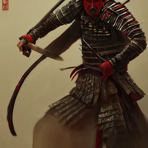 Image similar to Portrait of Sickly diseased dying Samurai warrior wielding a katana, by Feng Zhu, highly detailed, excellent composition, cinematic concept art, dramatic lighting, trending on ArtStation