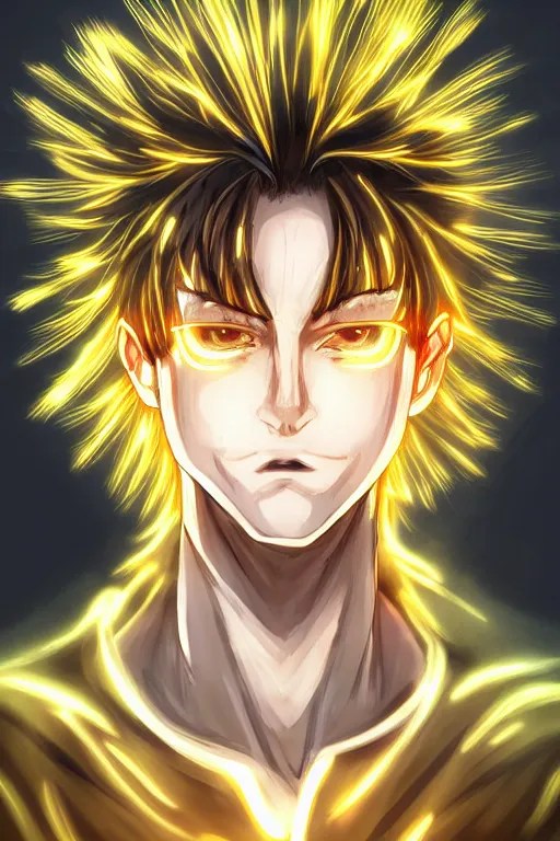 Image similar to golden glowing luminescent dandelion male anime character, symmetrical, highly detailed, digital art, sharp focus, trending on art station, amber eyes, fire colours