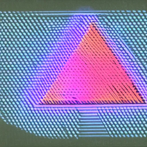 Image similar to black background, an holographic triangle being hit by a beam of light, emitting a rainbow, 1970s