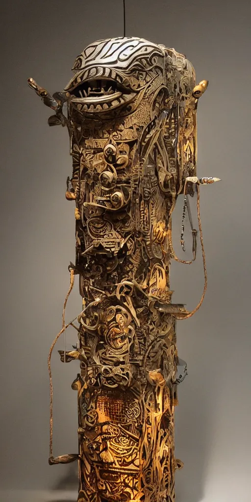 Image similar to animal fish machine sci - fi totem, carved from wood metal and translucent plastic, intricate details, tribal designs, cinematic, volumetric lighting