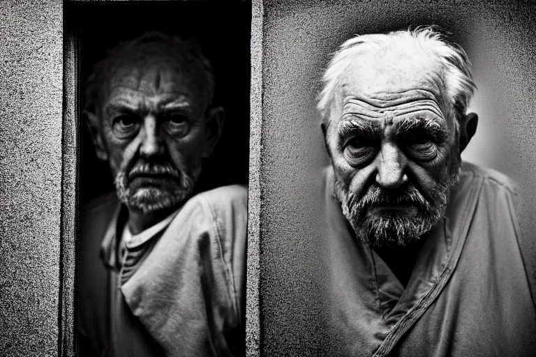 Prompt: a cinematic, close up portrait, of an old man, looking in the window, dramatic, soft light, dreamy, facial features, stood in a cell, with prison clothing, detailed, deep focus, movie still, dramatic lighting, ray tracing, by hendrik kerstens and paolo roversi