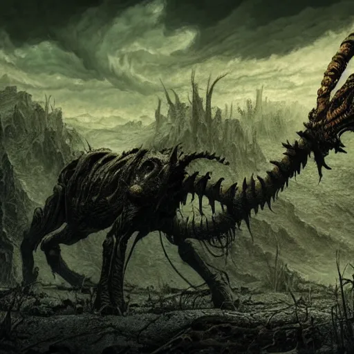 Image similar to photorealistic eldritch deathclaw in a post apocalyptic wasteland in the style of michael whelan and gustave dore. hyperdetailed photorealism, 1 0 8 megapixels, amazing depth, high resolution, 3 d shading, 3 d finalrender, 3 d cinematic lighting, glowing rich colors, psychedelic overtones, artstation concept art.