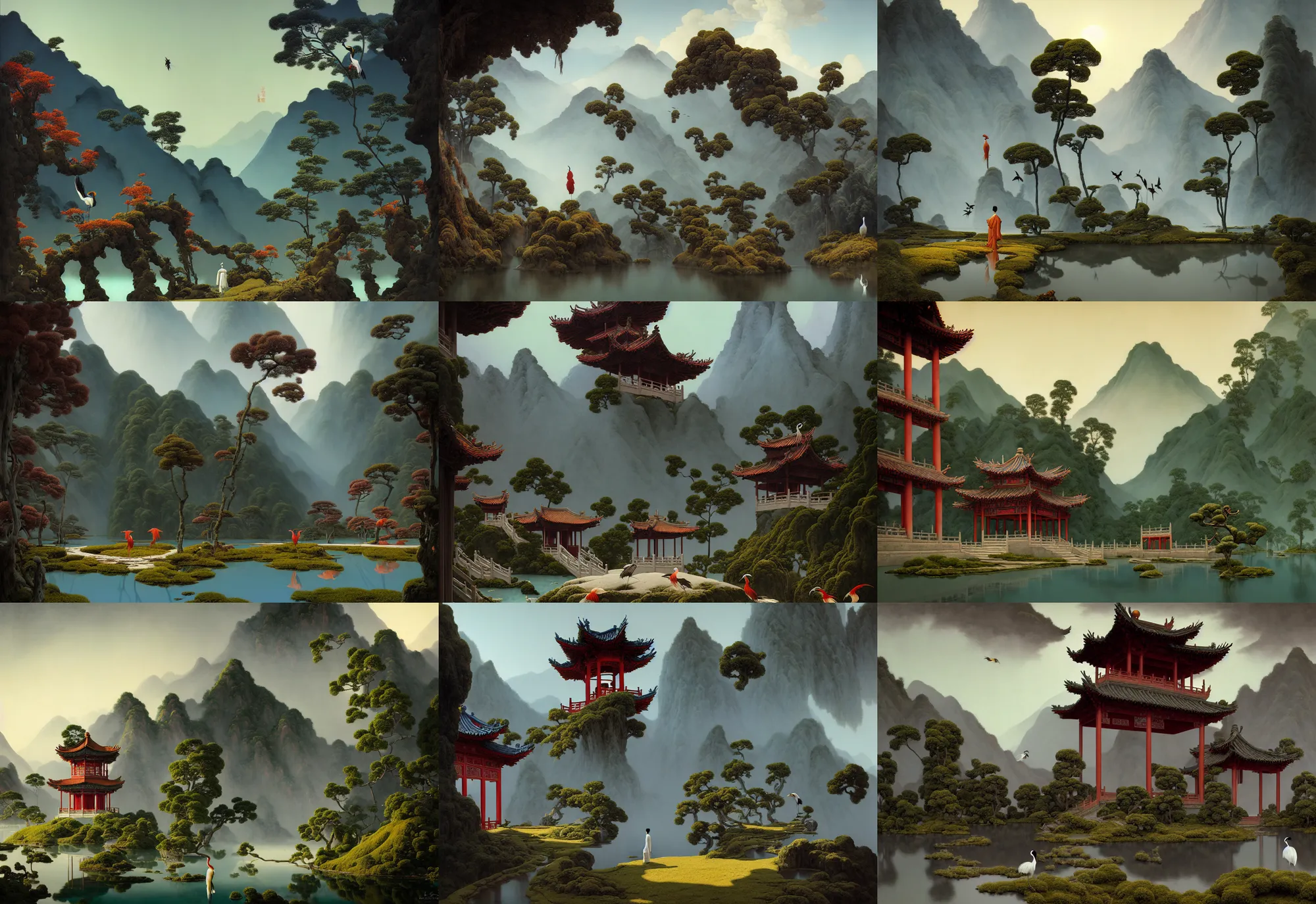 Prompt: a gorgeous landscape painting by barlowe wayne, maxfield parrish and marco mazzoni. an abandoned chinese temple. red - crowned cranes are flying through the clouds and mist among the mountains. birds. a lonely chinese grey blue monk walks on the winding stone steps, 3 d, octane render, turbulent blood lake, 8 k.