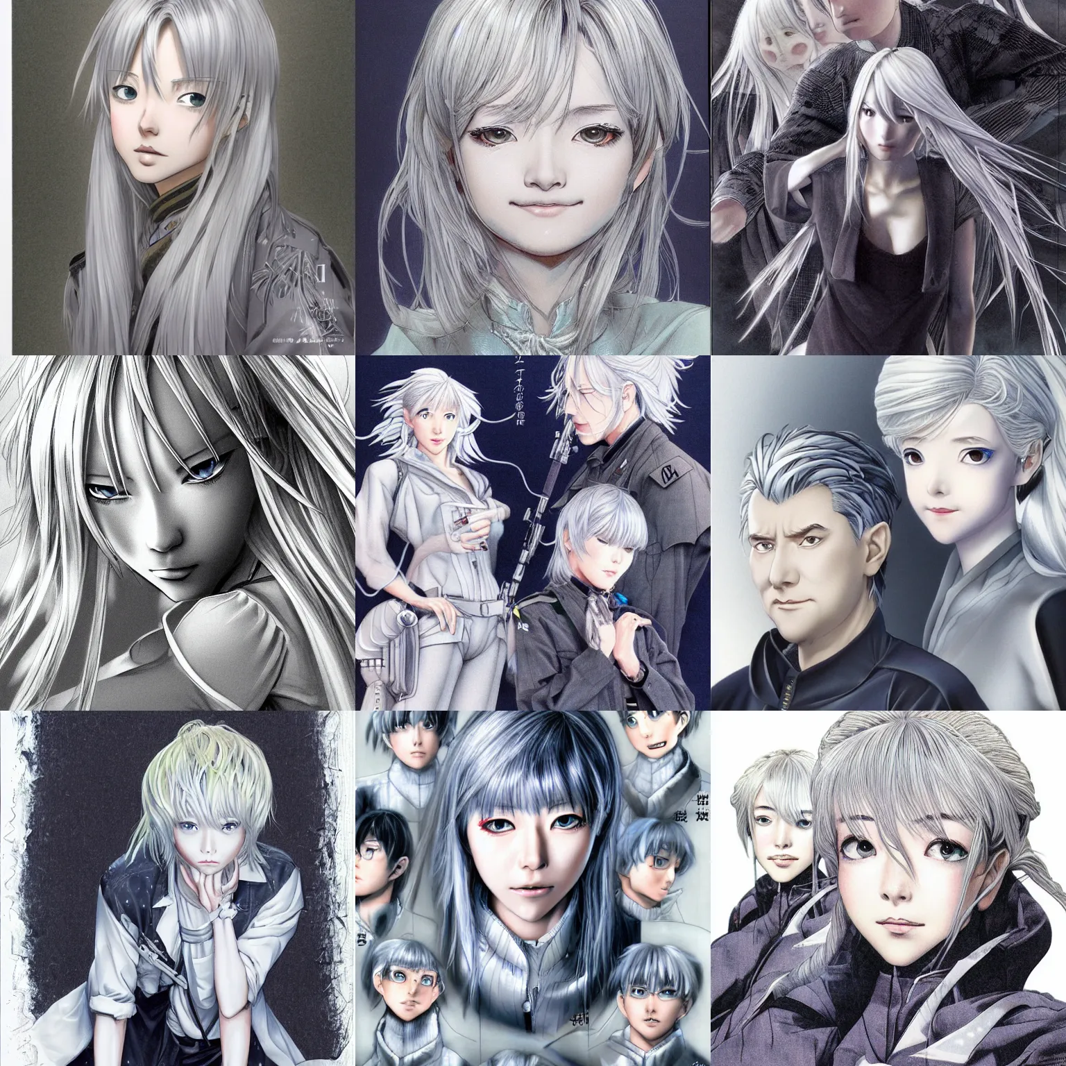Prompt: silver hair girl, multicam, portrait ilustration by Shinji Aramaki and Takehiko Inoue