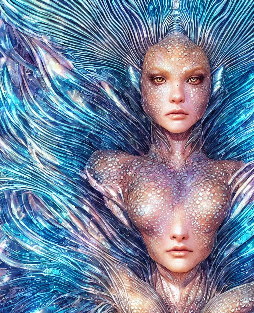 Image similar to close-up macro portrait of the face of a beautiful mermaid, epic angle and pose, symmetrical artwork, 3d with depth of field, blurred background, cybernetic lionfish female face skull phoenix bird, translucent, nautilus, energy flows of water and fire. a highly detailed epic cinematic concept art CG render. made in Maya, Blender and Photoshop, octane render, excellent composition, cinematic dystopian brutalist atmosphere, dynamic dramatic cinematic lighting, aesthetic, very inspirational, arthouse. y Greg Rutkowski, Ilya Kuvshinov, WLOP, Stanley Artgerm Lau, Ruan Jia and Fenghua Zhong