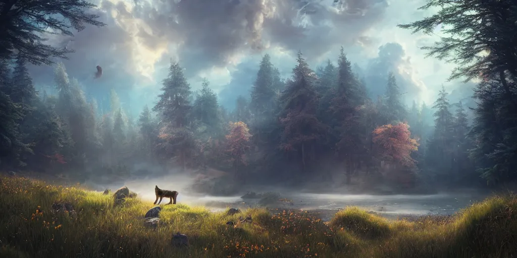 Prompt: beautiful dreamy landscape, wolves, dream, colors, dramatic, mid day, large scale, hyperrealistic, lots of detail, realistic lighting, octane render, by wlop, artgerm, trending on artstation