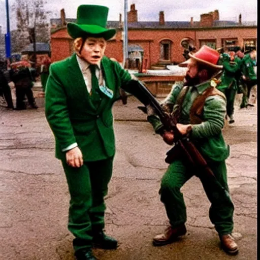 Prompt: leprechaun fighting with the ira, historical photograph, restored, gun, irish, terrorism, colorised, colourised, mask