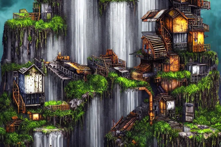 Image similar to gothic waterfall favela honeybee hive, brutalist environment, industrial factory, award winning art, epic dreamlike fantasy landscape, ultra realistic,