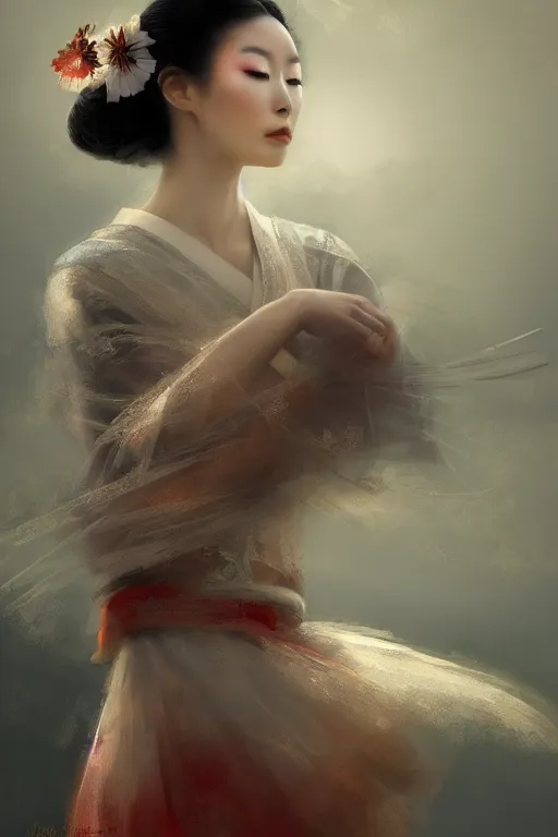 Prompt: geisha prima ballerina, gorgeous, ethereal, intricate, elegant, volumetric lighting, nature scenery, digital painting, highly detailed, artstation, sharp focus, illustration, concept art, ruan jia, steve mccurry