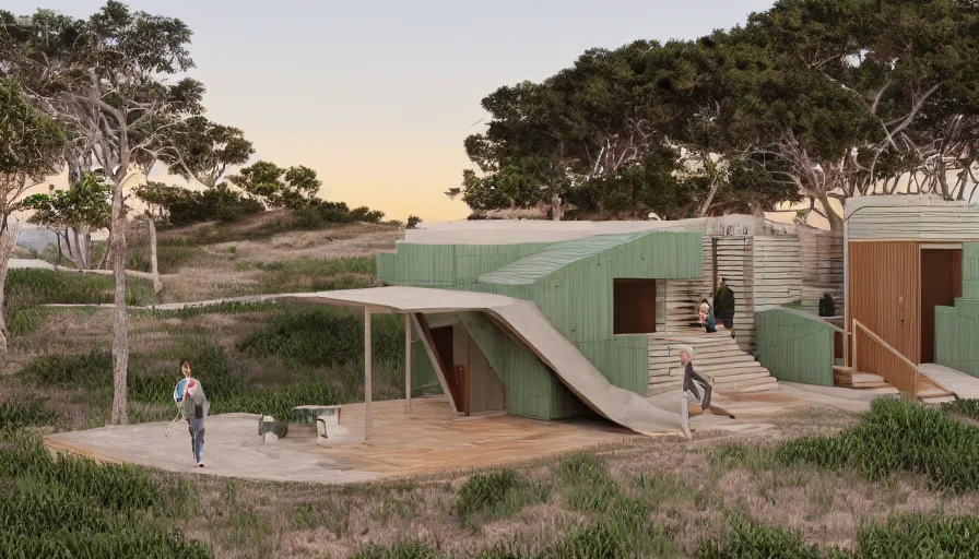 Prompt: An architectural rending of an eco-community neighborhood of innovative contemporary 3D printed sea ranch style cabins with rounded corners and angles, beveled edges, made of cement and concrete, organic architecture, on the California coastline with side walks, parks and public space , Designed by Gucci and Wes Anderson, golden hour
