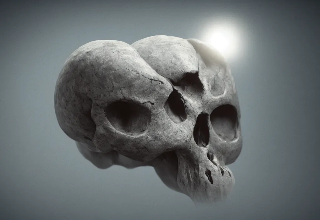 Image similar to strange alien skull in a dessert in the moon, cinematic lighting, octane tender, volumetric light, dark - art