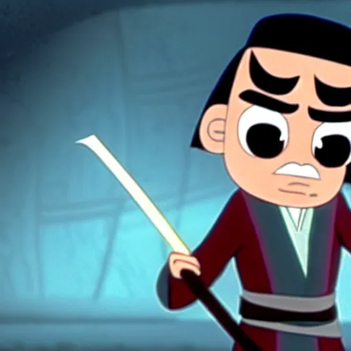 Image similar to mr. bean as samurai jack. movie still. cinematic lighting.