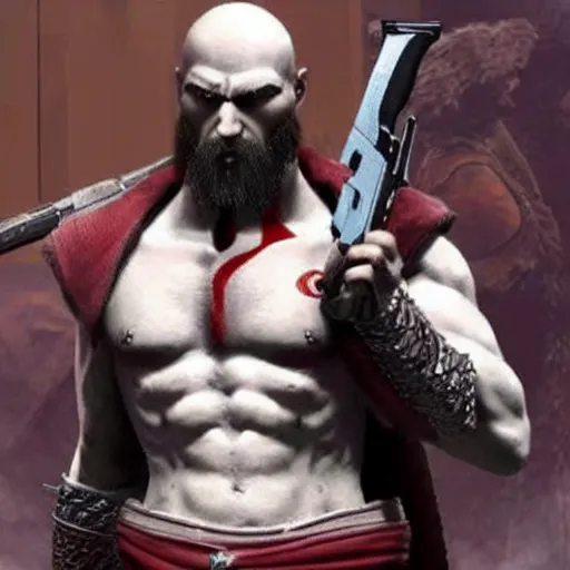 Image similar to kratos wearing hitman's suit holding double deagle