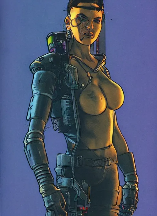 Image similar to cyberpunk mercenary. portrait by mœbius and will eisner and gil elvgren and pixar. realistic proportions. cyberpunk 2 0 7 7, apex, blade runner 2 0 4 9 concept art. cel shading. attractive face. thick lines.