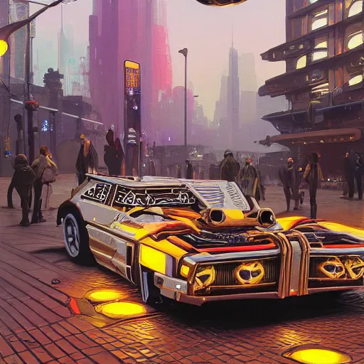 Prompt: painting of syd mead artlilery scifi vehicle with ornate metal work lands on a sidewalk, filigree ornaments, volumetric lights, simon stalenhag