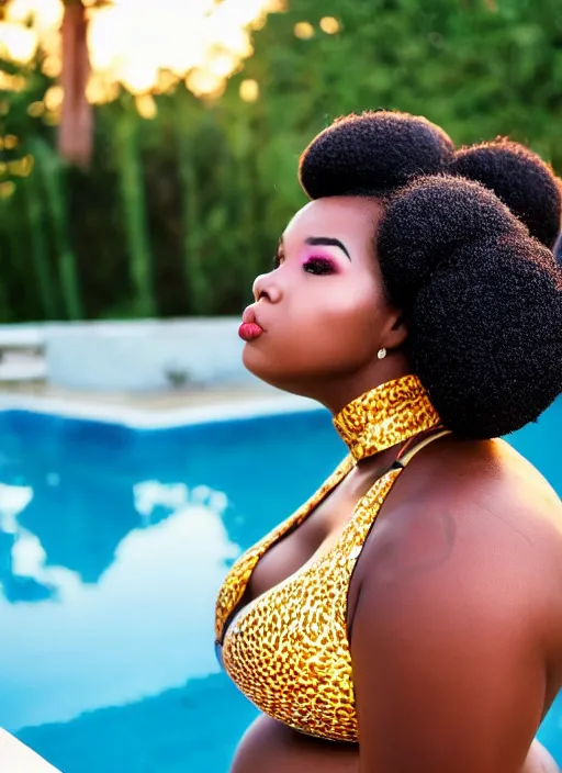 Image similar to a plump afro girl on the edge of the pool in a galographic swimsuit, a swimsuit with a lock on the chest, afro pigtails hairstyle, sunset mood, vogue style,, golden ratio, perfect composition, medium close - up ( mcu ), cannon ef 6 5 mm f / 2. 8 8 k