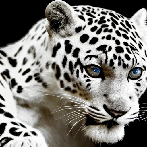 Image similar to a Nobel white leopard, trending wallpaper, black background, hyper realistic