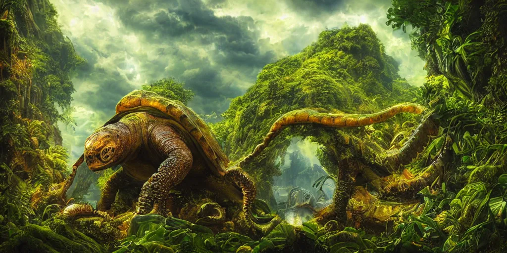 Image similar to fantasy oil painting, alien spacecraft, outer worlds, great leviathan, turtle cephalopod terrapin reptilian pachyderm amphibian hybrid, rainforest mountains, lush plants flowers, epic natural light, bright clouds, luminous sky, bright cinematic key lighting, michael cheval, michael whelan, vray, 8 k hd