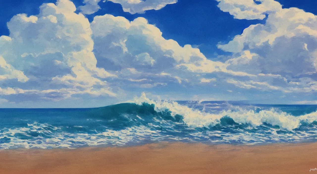 Prompt: ocean side beach blue sky clouds waves water beautiful artstation 4 k breathtaking illustration cartoon by jack kirby artstation concept art matte painting