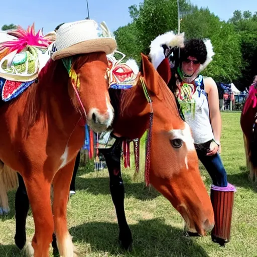 Prompt: horses dressed in festival clothes at a festival