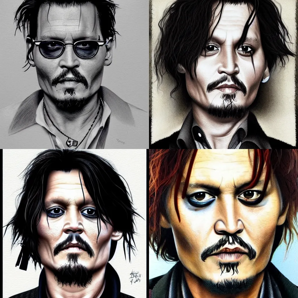 Prompt: Johnny Depp, highly detailed mugshot illustration by Takehito Harada