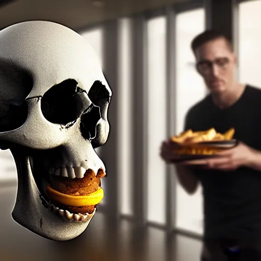 Prompt: photograph of a man with a skull reaper head begging for food at mc donalds, 8k resolution, high detail, ULTRA REALISTIC VFX, reflections