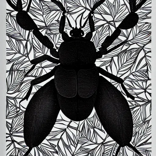 Prompt: stag beetle, black and white, botanical illustration, black ink on white paper, bold lines