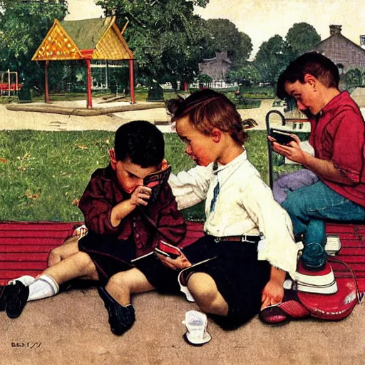 Image similar to children at a playground on smartphones, by norman rockwell