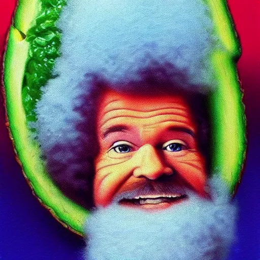 Prompt: bob ross embedded in an avocado, surrealist painting