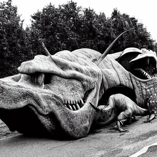 Image similar to dinosaur crushing car, black and white photo