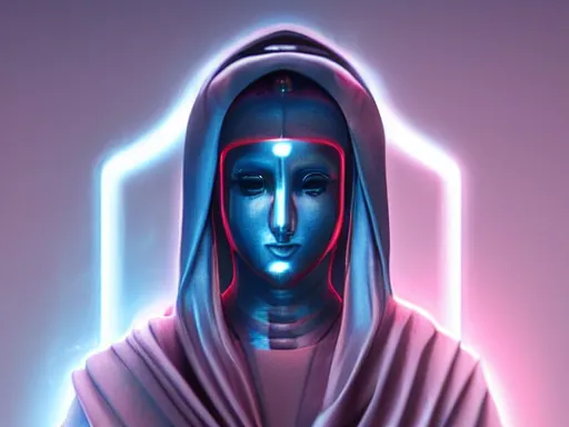 Image similar to a gray faceless figure, ascended, robot wizard, NPC with a saint\'s halo, saintly halo behind their head made of neon filigree, consulting the cyber oracle of all knowledge, at the end of time, in an esoteric ritual exchange of physical code, 8k, 4k, unreal 5, DAZ, trending on artstation, octane render, abstract painting, bright blue future