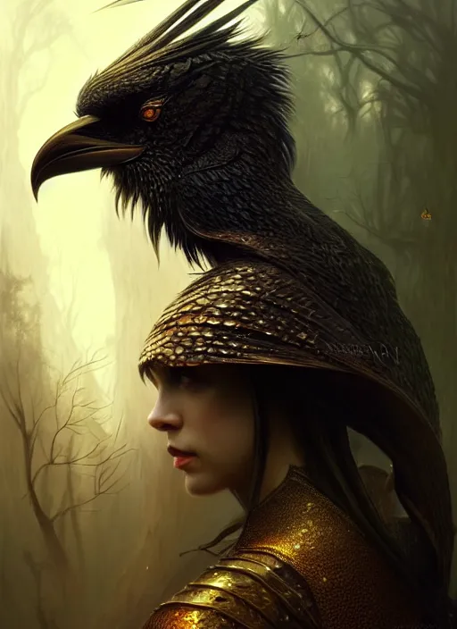 Image similar to side portrait dark crow, fantasy forest landscape, dragon scales, fantasy magic, dark golden light night, intricate, elegant, sharp focus, illustration, highly detailed, digital painting, concept art, matte, art by WLOP and Artgerm and Greg Rutkowski and Alphonse Mucha, masterpiece