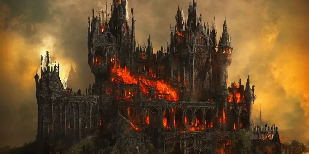 Image similar to A gothic castle covered in fire, rising smoke, dark fantasy, nighttime, detailed crimson moon, hyper realistic, trending on artstation