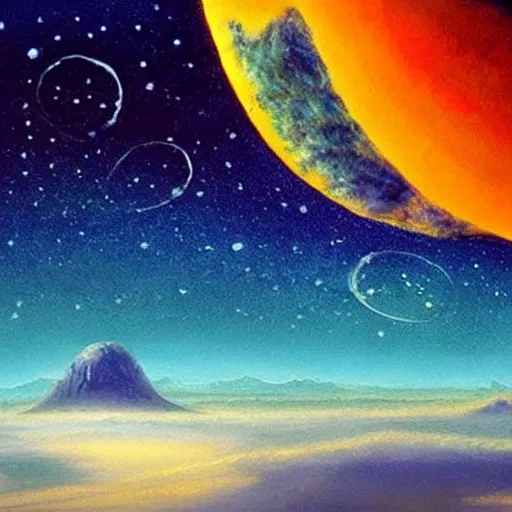 Prompt: dream-like painting hyper realistic with a big eyes in the middle of space like dust floating on top of beautiful weirdly shaped mountains