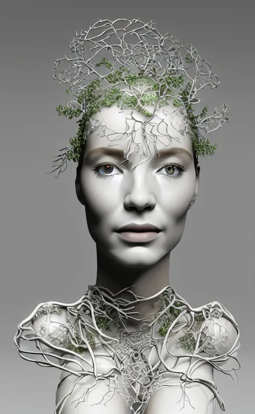 Prompt: complex 3d render ultra detailed of a beautiful porcelain glass profile woman face, hazel eyes, vegetal dragon cyborg, 150 mm, beautiful natural soft light, rim light, silver lemon metallic details, magnolia big leaves and stems, roots, fine lace, maze like, mandelbot fractal, anatomical, facial muscles, cable wires, microchip, elegant, white metallic armor, octane render, black and white, H.R. Giger style