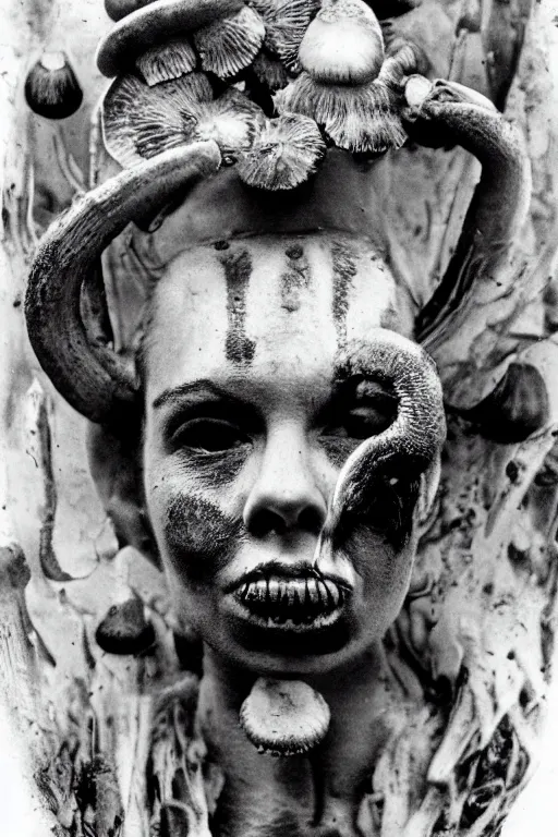 Image similar to close-up of a woman with mushrooms growing from her face, historic photograph, H. R. Giger, horror, black and white, dark