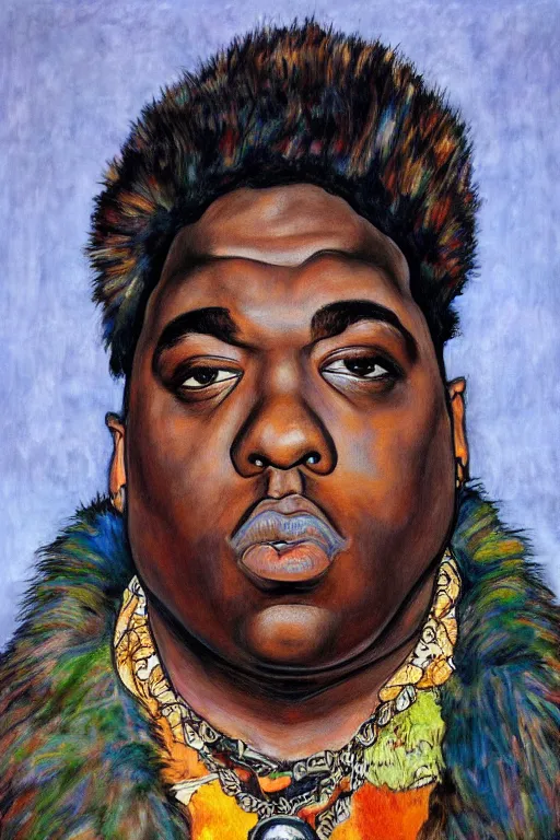 Image similar to a portrait of biggie smalls wearing boho - chic style clothes, with a fur muffler, full body!!, realistic painting in egon schiele style, masterpiece, hyperdetailed, complex, intricate, 4 k, hyperrealistic, trending on artstation