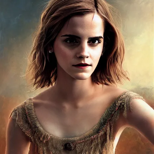 Image similar to Emma Watson in a nymph costume striking a pose, naturist, portrait photography oil on canvas, intricate, portrait, 8k highly professionally detailed, HDR, CGsociety