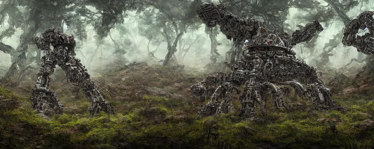 Image similar to ancient biomechanical mecha embedded in the ground, biomechanical aztec landscape in forest, concept art, 4 k, matte painting