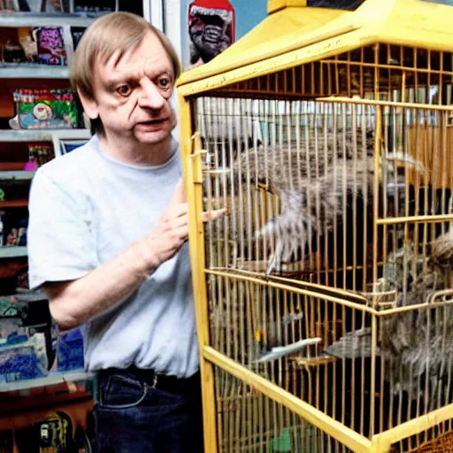 Image similar to mark e smith locked in a small bird cage on the shelf of a pet store