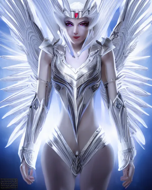 Prompt: perfect white haired egyptian goddess wearing white dove wings, warframe armor, regal, attractive, ornate, sultry, beautiful, ice queen, half asian, pretty face, blue eyes, detailed, scifi platform, 4 k, ultra realistic, epic lighting, android body, illuminated, cinematic, masterpiece, art by akihito tsukushi, voidstar