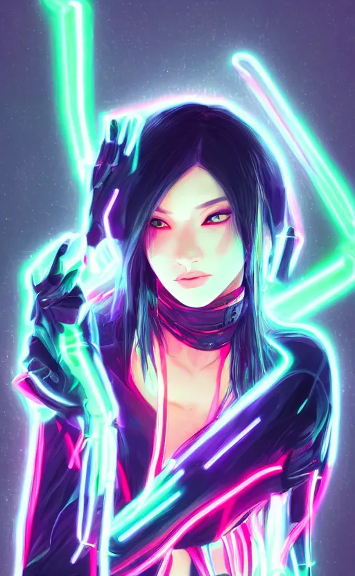 Image similar to a cyberpunk girl wearing neon hoodie, chrome, neon light, japan, perfect face, high detailed, realistic, preatty face, asian, long hair, cyberpunk, geisha, arcane style, 3 d mix with 2 d