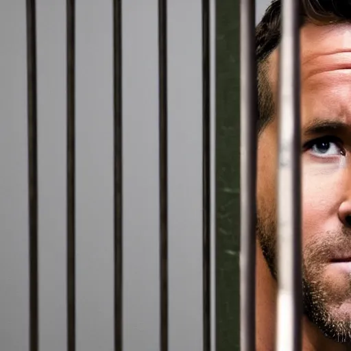 Image similar to photo of Ryan Reynolds in jail, looking sad, highly detailed, high quality, HD, 4k, 8k, Canon 300mm, professional photographer, 40mp, lifelike, top-rated, award winning, realistic, sharp, no blur, edited, corrected, trending